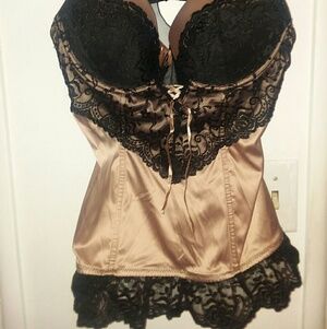 Victoria's Secret Black & Champagne Lace-Trim Satin Chemise
